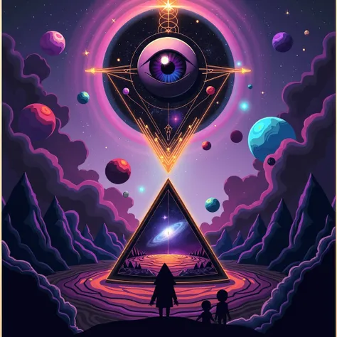 Create a high-quality cartoon-style cosmic illustration using only purple, neon blue, golden orange, and black. At the center, a glowing triangle contains a vibrant cosmic scene with galaxies, a nebula, and a planet above an orange ocean. Include a shadowe...