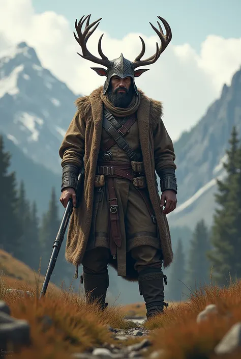 Hunter wearing a helmet with reindeer horns and wearing brown leather clothes and holding a firearm