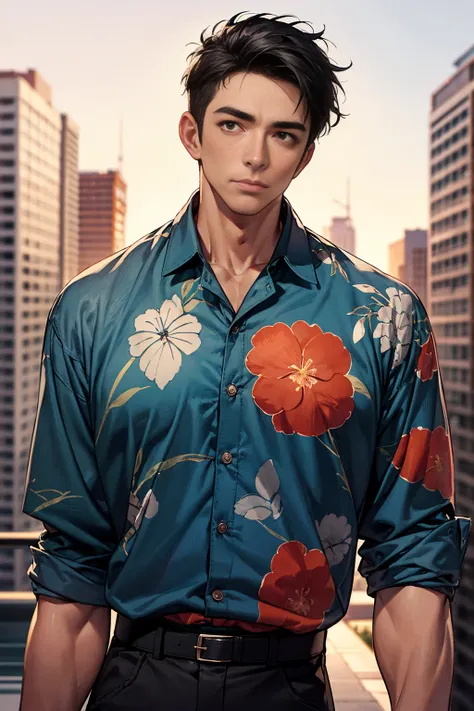 (Masterpiece, high resolution, best quality), solo, 1 male, 50-years old man, asian, black hair, crew cut, slant eyes, tall and muscular, aloha shirt, looking at viewer, upper body, cityscrape background