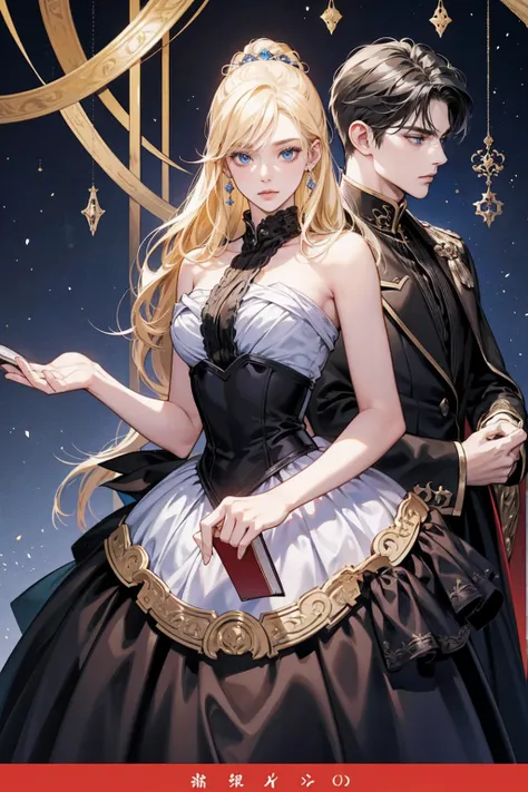 An otome book cover which depicts the title Kill the Hero, with a blond female villainess princess with blue eyes and an expensive ball gown decorated elaborately and a black hair hero duke wearing an expensive duke attire, he as black eyes, do not forget ...