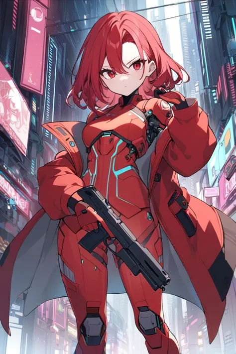 (( 1 girl)),  gaze, ((crimsonred hair)), red eye,  character design drawing,stand up straight,cool,cyber city,combat uniform,cyborg,red long coat, have handgun

￼


