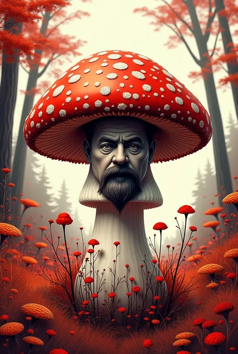 make a mushroom with Lenins face ( Lenin is a historical figure),  everything should be in the same color .  There should be vegetation in the background(grass, trees, flowers)