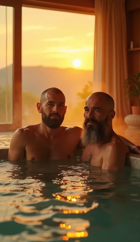 middle-aged Japanese father with a shaved head, long beard and hairy body、 skinhead son who is shaved and has a beard and chest hair is taking a large Western-style bath in a villa together　Tears, Golden hot water, golden light　Overlooking, 