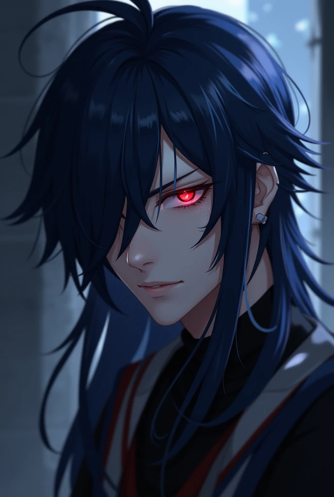  Create a realistic version of the Blade character from Honkai Star Rail.  He has long dark blue hair ,  with a fringe that completely covers only his left eyes . Blade has red eyes .