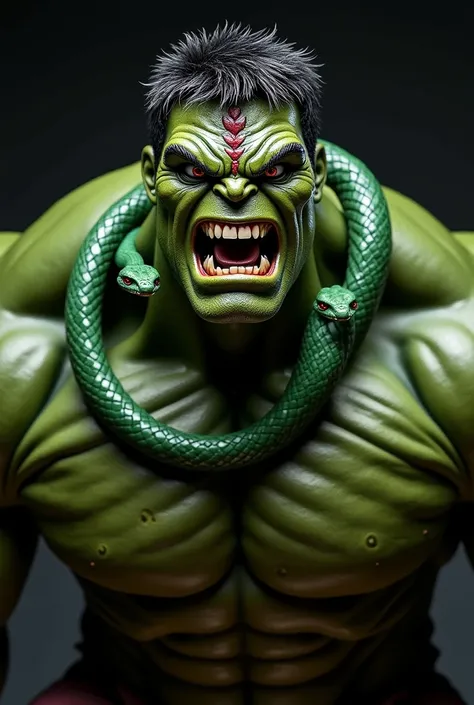 Hulk, green snake, snakes on neck, full body, angry, scary, pose, serious look, real skin, skin detail, realistic, masterpiece, indian, indian dress, animated, new suit, detailed, tikal in forehead, indian symbols on mask, realistic dark background, high r...