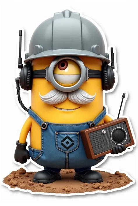 Minion builder gray helmet with short white hair on his face working in construction listening to music with a radio. On white background,  type sticker  