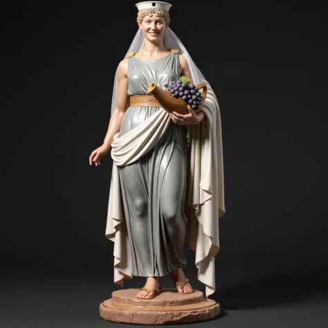 Create a sculpture of a Roman Goddess, wearing a Roman toga, a white veil on the back of her head, and a tall crown like a vase. She has the Caucasian appearance of a Roman woman, with curly hair tied up and wearing ancient Roman sandals. In her left arm s...