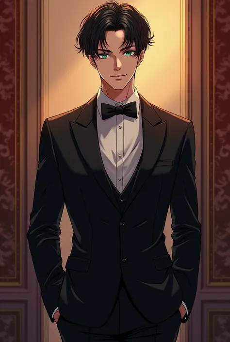 anime. boy with unbranched black hair cut and teal eye.  attractive boy .high. affulent adult .. age 25 years. full body from head to toe.. with black suit ...wallpaper .