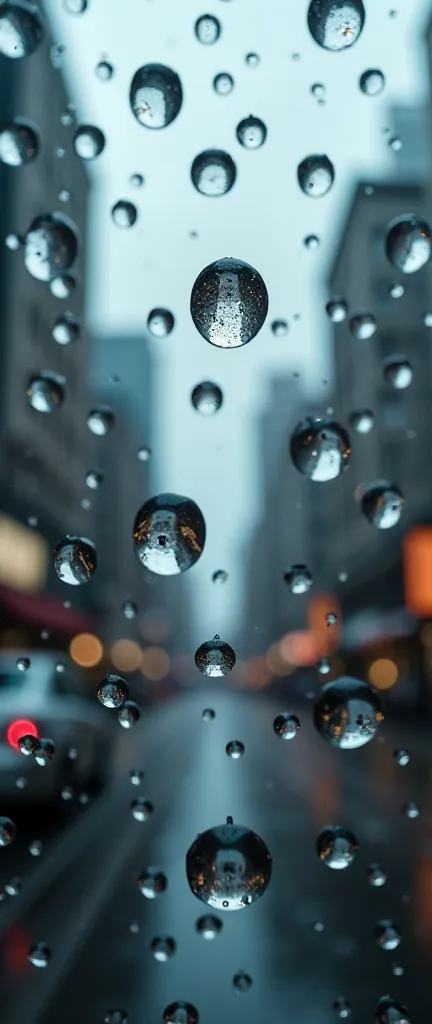 A photograph looking up at the sky. Many raindrops are falling. Focus on the raindrops. Each raindrop has a reflection of a cityscape. super close up of raindrops