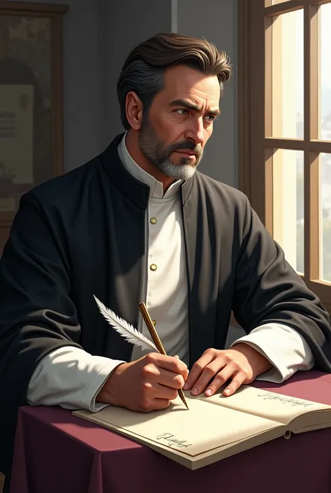 Draw me a middle aged man
With a feather pen writing on paper looking out the window with medium dark brown hair with a black and white cassock with very little hair with 30 masomenos hairs