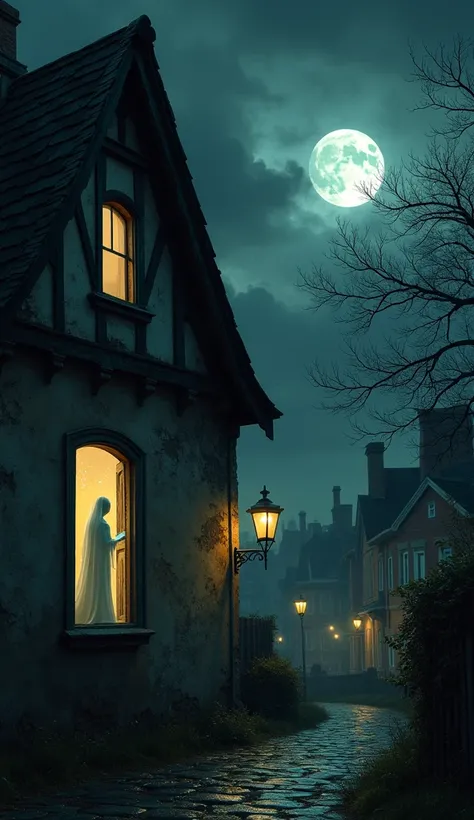 A historic city at night, with a spectral bride silently watching from the window of an old house.
