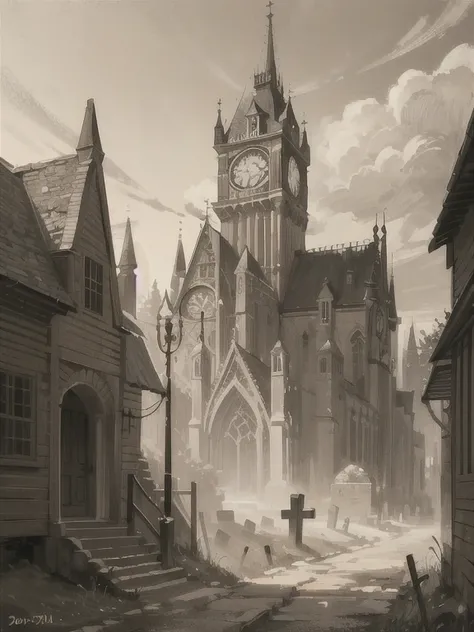 (masterpiece,  best quality,  Very detailed: 1.5),  Black and white , ((sepia)), ((Pencil drawing)),Rough sketch,  background,  fantasy,  amazing,  fantasy,  graveyard, church, Don&#39;t draw people