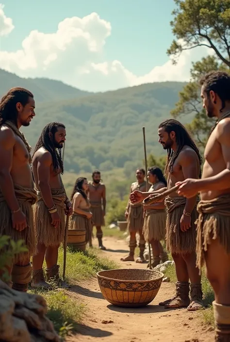 Image of people exchanging products in the American Neolithic era 