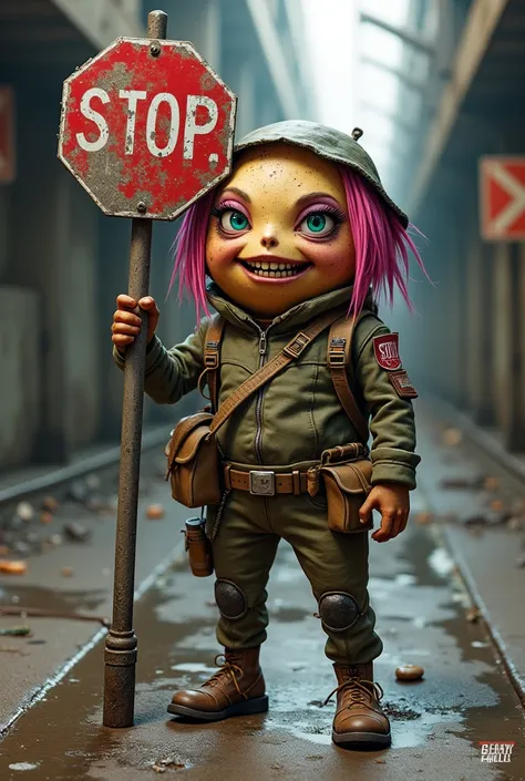 A Fallout Raider Potato in a treasure hunter outfit with teal anime eyes, purple eyeshadow,  pink hair, with a bloodthirsty smile, holding a graffiti stop sign on a metal pole.