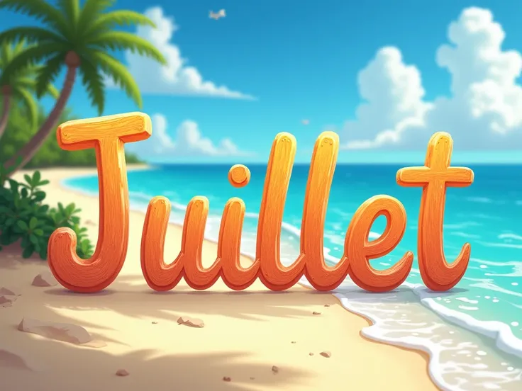  Create a poster 4k, ultra détaillé with letter-by-letter writing " JUILLET". En français et en majuscule In a Disney 4D style .  The writing must be clearly visible .
 Theme ÉTÉ , plage,  vacances EXTREMELY DETAILED .