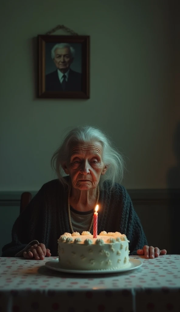 A frail and very elderly lady, with a thin, sickly appearance and sunken cheeks, sitting alone in front of a plain, modest birthday cake with a single, simple candle displaying. Her expression is deeply sorrowful, with tears quietly rolling down her gaunt ...