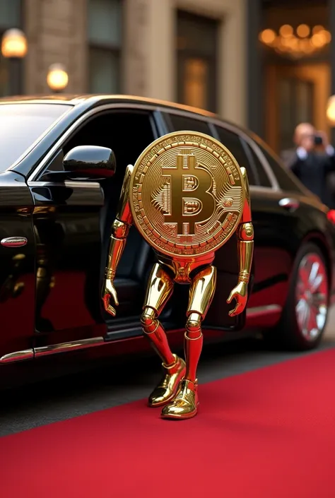 /imagine un bitcoin avec bras et pied descendu dune limousine noire sur un tapis rouge se fait prendre en photo par les pièces éther Toncoin NoTcoin Usdt