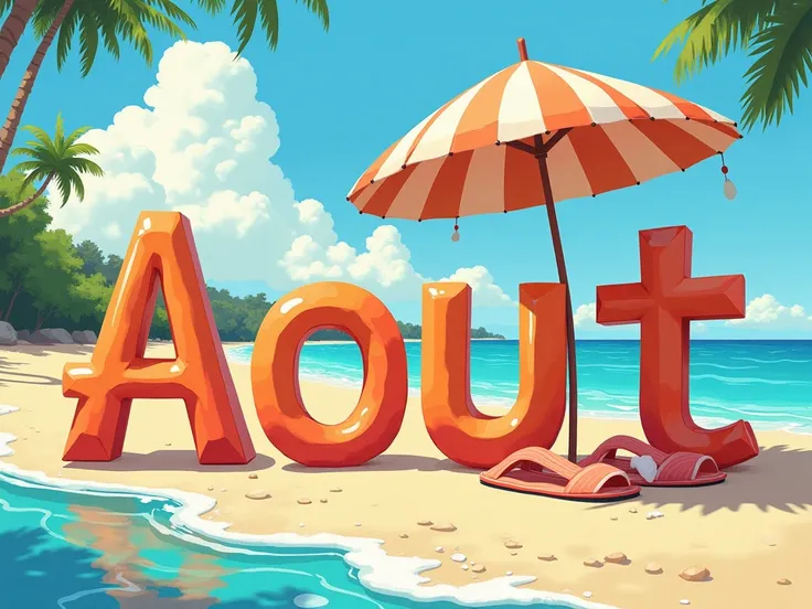  Create a poster 4k, ultra détaillé with letter-by-letter writing " AOUT". En français et en majuscule In a Disney 4D style .  The writing must be clearly visible .
 Theme ÉTÉ , plage, COCOTIER, BALÉARES EXTREMELY DETAILED .