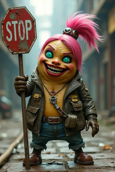 A Fallout Raider Potato in a treasure hunter outfit with teal anime eyes, purple eyeshadow,  pink hair, with a bloodthirsty smile, holding a graffiti stop sign on a metal pole.