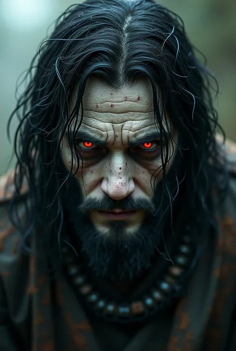 A rustic looking man. White, of red eyes,  long black hair , with scars on the face.
