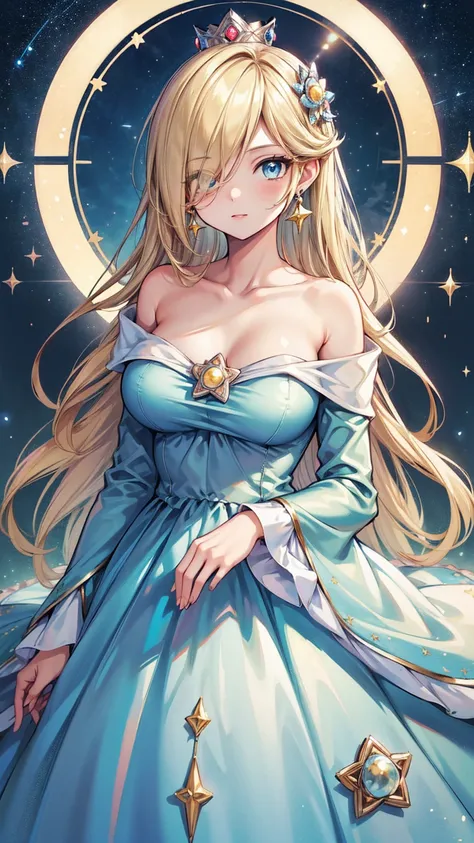 (masterpiece,best quality,ultra-delicate,Perfect Face,16k,very detailed eyes,high resolution )),princesa rosalina, blue dress, big breasts, adult body, starry sky, semblante angelical
