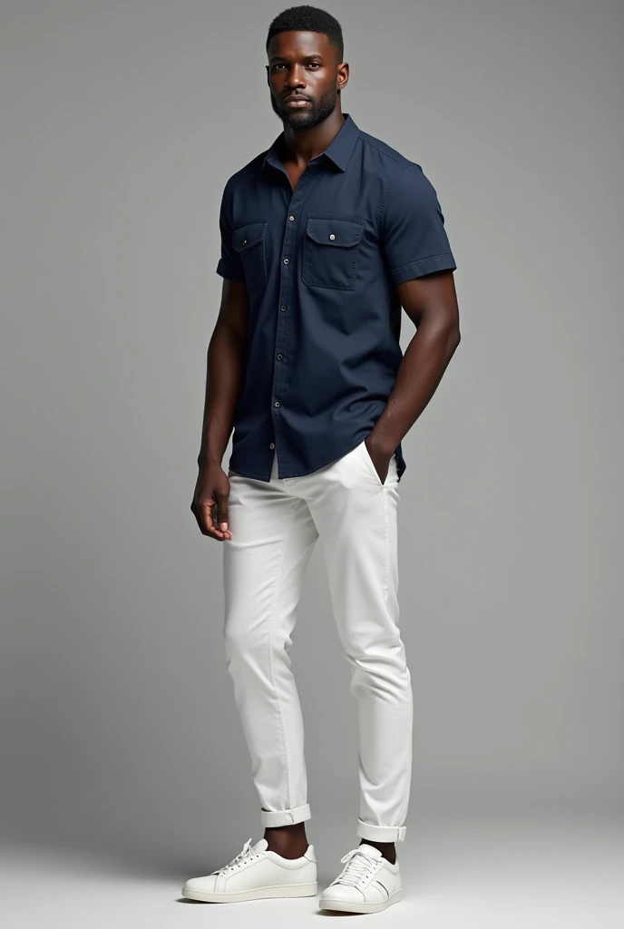  man with a dark complexion , dress with white pants ,  casual navy blue shirt and white shoes