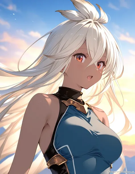 1girl, zooey_(granblue_fantasy), 13yo, dark-skinned female, very long hair, white hair, red eyes, beautiful detailed eyes, medium breasts,  open mouth, outdoors, wind, game CG break,((artist:shida_kazuhiro)),(artist:mitsumi_misato),(artist:fujiyama),,(mast...