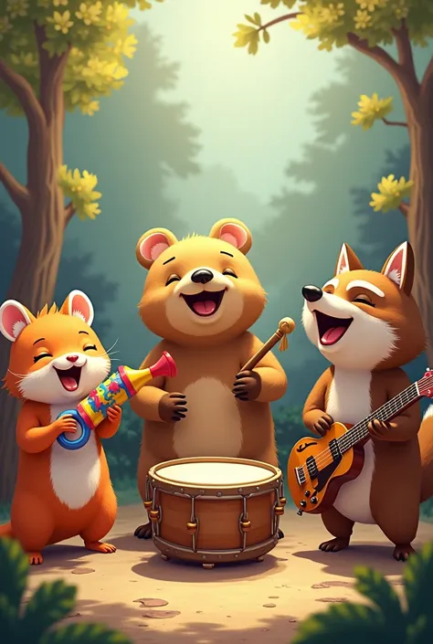 Hamster trumpet bear drum hitting fox guitar playing raccoon dog vocals