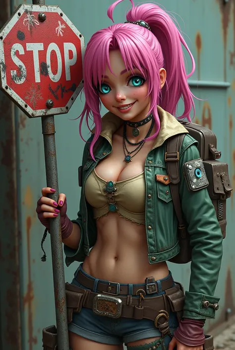 A Fallout Raider female Potato in a treasure hunter outfit with teal anime eyes, purple eyeshadow,  pink hair, with a bloodthirsty smile, holding a graffiti stop sign on a metal pole.