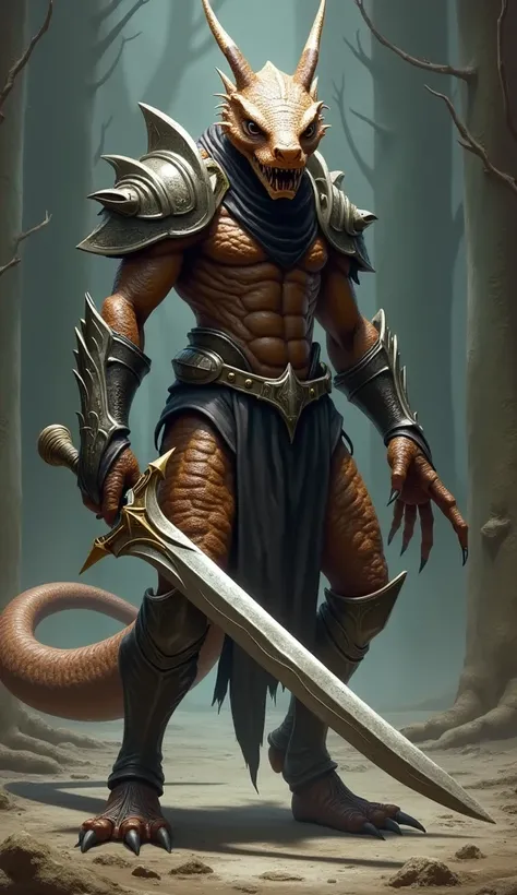 The brown male snake has hands and armor on the top of the trunk has no legs, and it has a long sword and a sting