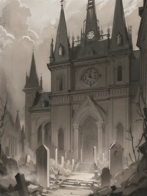 (masterpiece,  best quality,  Very detailed: 1.5),  Black and white , ((sepia)), ((Pencil drawing)),(((Rough sketch))),  background,  fantasy,  amazing,  fantasy,  graveyard, church, Don&#39;t draw people