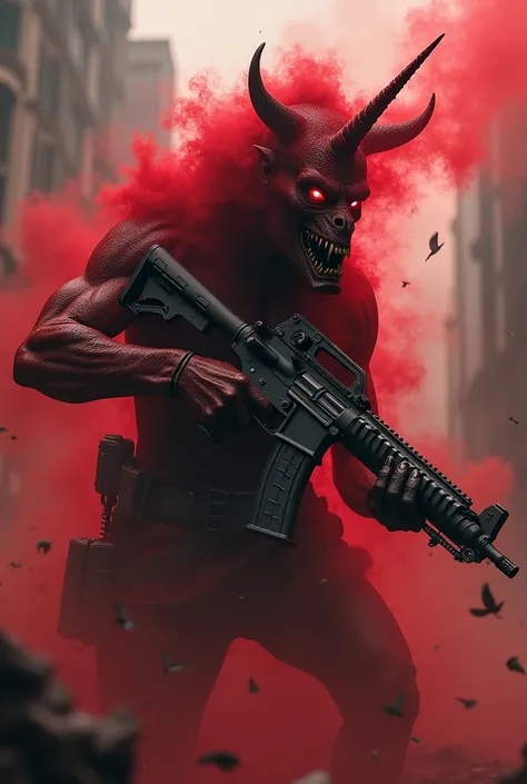 Demonic unicorn fused with human with a Call of Duty theme and a submachine gun and red vapor 
