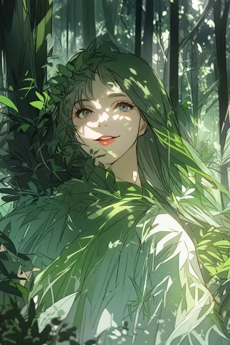  1 woman,smile, Close your mouth,In the forest,green, imaginary, bright ,Classical