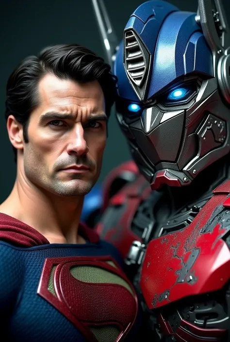 A close up of Super Man Henry Cavill standing in front with Optimus Prime