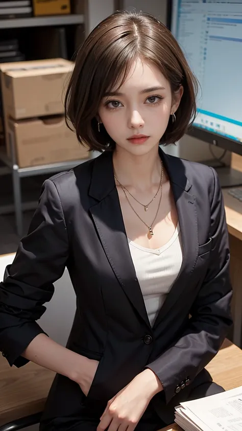 masterpiece, 8k,((35 years old, disdain)) ,brown eyes,small girl,brown hair,small breasts, (((short hair,wety hair))),necklace,earrings, ((jacket,blouse,business suit)),office