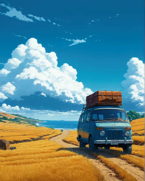 painting of a van with luggage on top driving down a dirt road, makoto shinkai cyril rolando, high quality desktop wallpaper, ( ( makoto shinkai ) ), hd wallpaper, rhads!!!, high quality wallpaper, amazing wallpaper, ross tran. scenic background, by RHADS,...