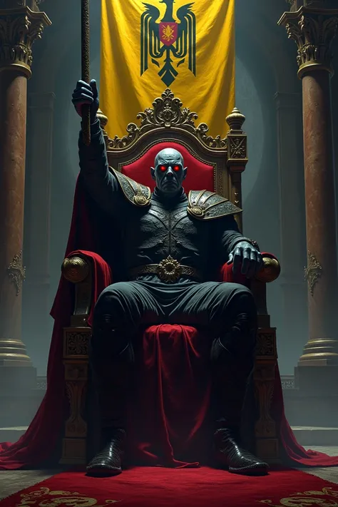 Dark lord with red eyes seated in the throne with flag of Republic of Moldova in left hand