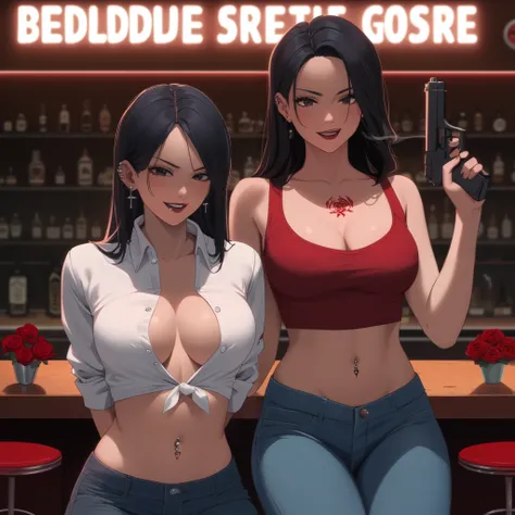 1girl, two girls, anime girls,   ear piercing, long hair, blush, lipstick,Hot girl, baddie, smoking, sensual, attractive ,bar background, inside bar,indoors, masterpiece,high quality,4k, bare shoulder,belly,crop top,holding pistol,cleavage, unbuttoned shir...