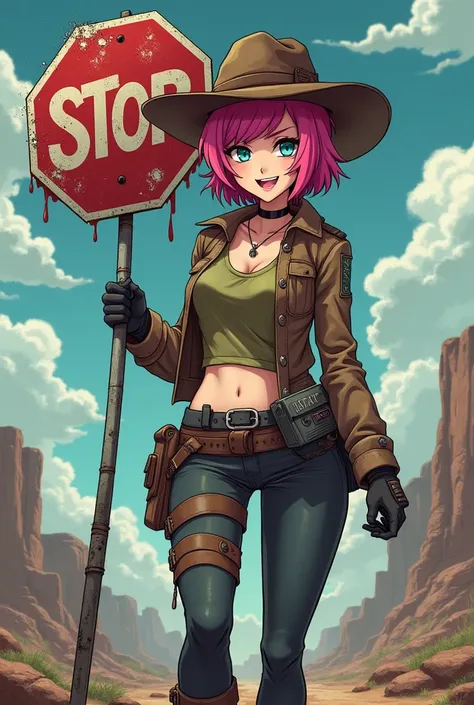 A Fallout Raider female Potato in a treasure hunter outfit and desperado hat with teal anime eyes, purple and black eyeshadow,  short pink hair, with a bloodthirsty smile, holding a graffiti stop sign on a metal pole.