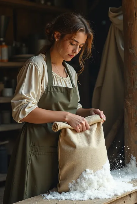 Woman whitening a sack 