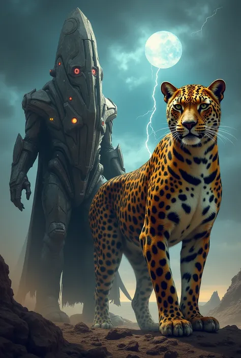 "Create a surreal scene where a sleek, futuristic spacecraft and a ferocious leopard stand together as if in partnership, both displaying intense, commanding expressions. The spacecraft has a metallic, angular design with glowing lights and sharp edges, wh...