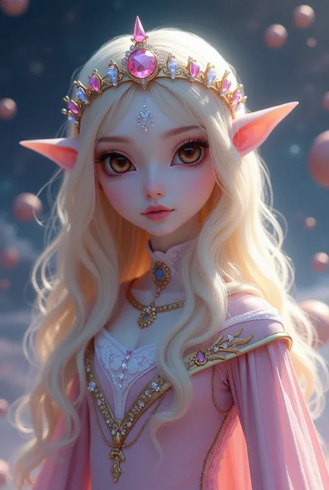 An alien landscape Cosmic Galaxy royal Alien Empire Sakurnia planets , Alien Female Crystal Elf Humanoid white skin Blonde wave hair brown hazel Eyes Kinmokian Etherian Pleaidian Sakura Osmanthus Fragrance narcissus Crystallix Teen Princess Imperial Astari...