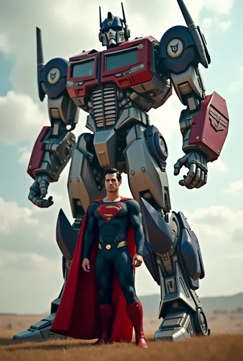 Create full-body Super Man Henry Cavill standing up front with Optimus Prime