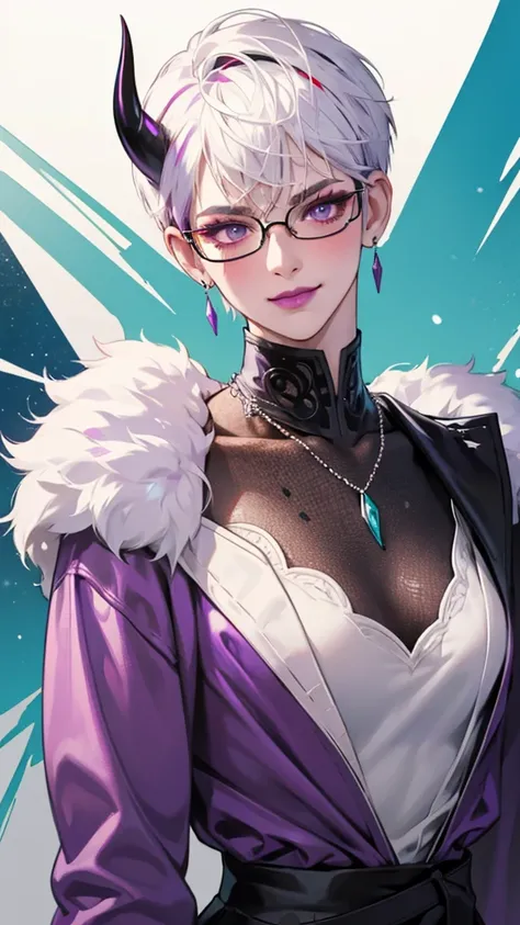 8k, masterpiece, best quality, highly detailed, 1 girl, devil, demon horns, warlock, pixie cut, white hair, multicolored hair, very short straight hair, red highlight hair on white hair, stippled hair, wearing glasses, round glasses, earrings, red eyeshado...