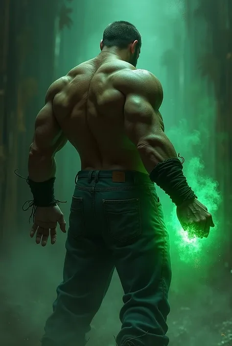 Bad man with his back holding a green stone in his right hand in jeans and blue t-shirt with belludos arms