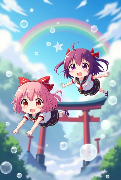 Two girls flying in the sky smiling cute anime girl with colorful hair color on a background with a rainbow and soap bubbles above the torii gate