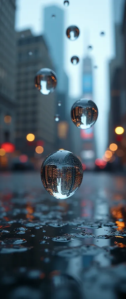 A photograph looking up at the sky. Many raindrops are falling. Focus on the raindrops. Each raindrop has a beautiful reflection of a cityscape. super close up of raindrops