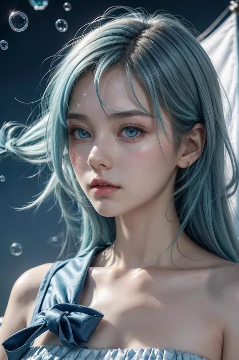  Close-up of a woman in a dress a sailor white and blue dress, hyperrealistic. Realistic art station, scene of girl surrounded by bubbles, detailed fantasy art, impressive character art,  epic and exquisite character art , Beautiful sailor dress,  extremel...