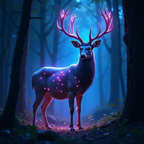 Deer with blue and purple lights in a forest on a dark lonely background focusing the eye from the side