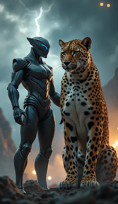 "Create a surreal scene where a sleek, futuristic spacecraft and a ferocious leopard stand together as if in partnership, both displaying intense, commanding expressions. The spacecraft has a metallic, angular design with glowing lights and sharp edges, wh...